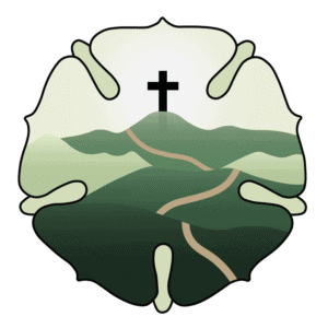 Logo for The Way of the Lutherans, showing a path leading to a cross atop mountains, enclosed within the outline of Luther's rose.