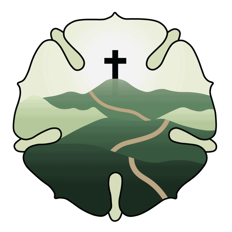Logo for The Way of the Lutherans, showing a path leading to a cross atop mountains, enclosed within the outline of Luther's rose.